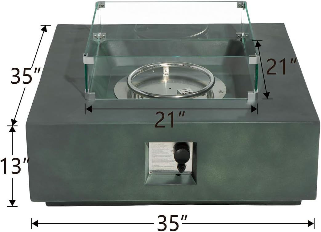 Outdoor Propane Fire Pit Coffee Table w Greyish-Green Square Faux Stone 35-inch Planter Base, 50,000 BTU Stainless Steel Burner, Wind Guard, Tank Outside and Rain