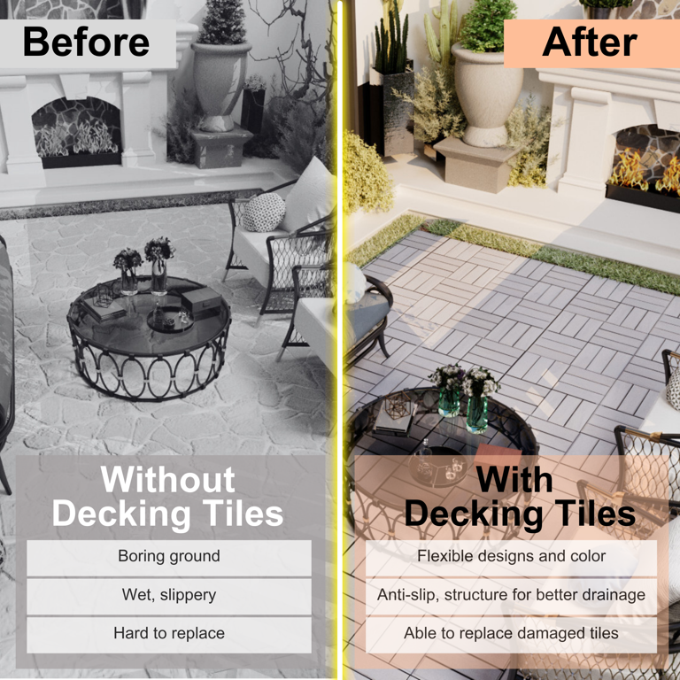 Solid Wood Patio Deck Tiles, Pack of 10, 12"x12" Square Interlocking Flooring Tiles, Acacia Wood Composite Decking Floor Tiles Indoor Outdoor, Floor Tile for Garden Poolside Backyards