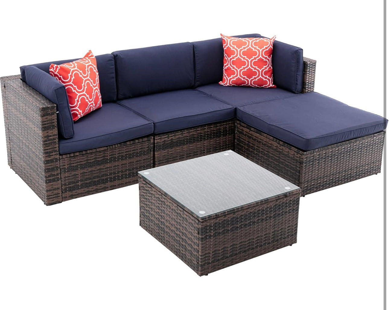 5Pcs Outdoor Garden Patio Furniture PE Rattan Wickerectional Cushioned Sofa Sets with 2 Pillows and Coffee Tablemodular sectional Sofa Sets with roof XI910, Navy Blue