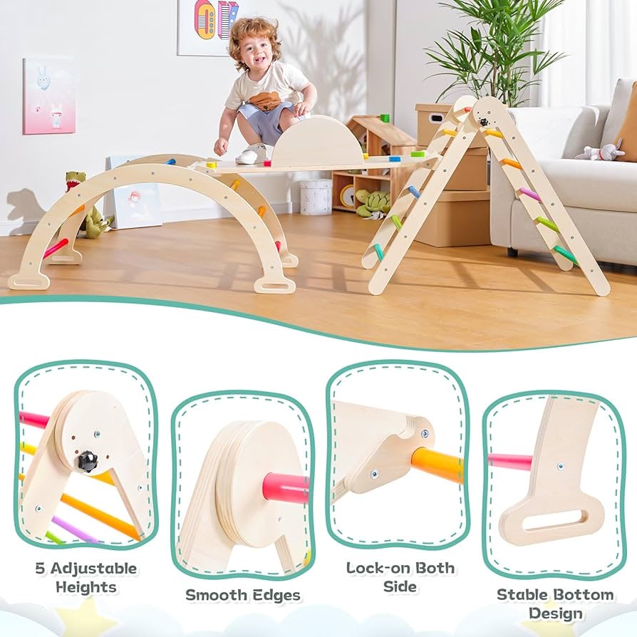 5 in 1 Pikler Triangle Set, Foldable Large Size Baby Climbing Toys Ind5 in 1 Pikler Triangle Set, Foldable Large Size Baby Climbing Toys Indoor Gym for Toddlers Wooden Montessori Climbing Set, Adjustable Height Pikler Triangle, Kids Toys with Ramp Sliding