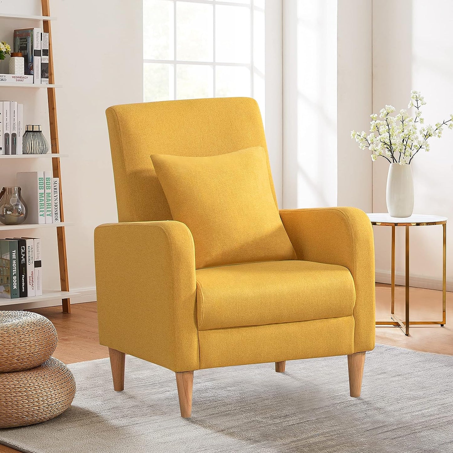 Modern Upholstered Accent Chair Armchair with Pillow, Fabric Reading Living Room Side Chair,Single Sofa with Lounge Seat and Wood Legs,Yellow
