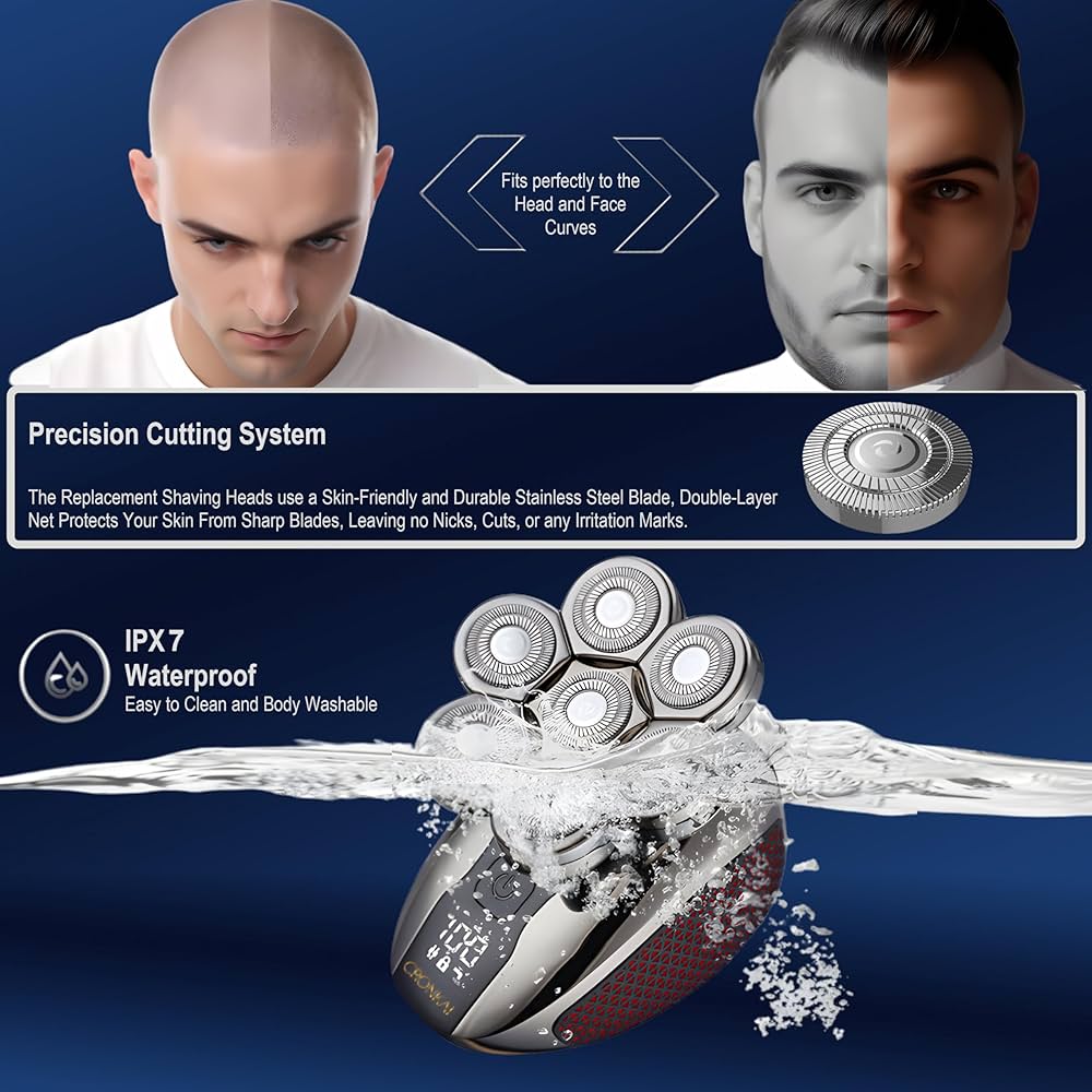 Bald Head Shaver PGI-Tech Pro Upgraded 7D Head Shavers for Bald Men LED Display IPX7 Waterproof Wet/Dry Skull Shaver, Clippers, Nose Trimmer, Face Brush, Massager, Full Head Shaver Travel Kit