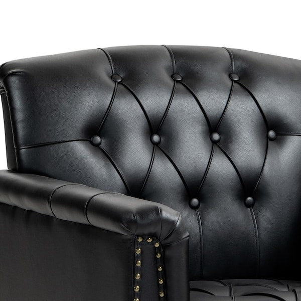 Mid-Century Black Faux Leather Button Tufted Accent Arm Chair with Wood Legs (Set of 1)