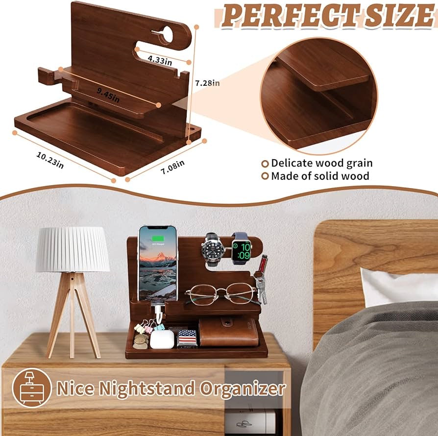 Wood Phone Docking Station - Nightstand Charging Organizer and Cell Phone Stand