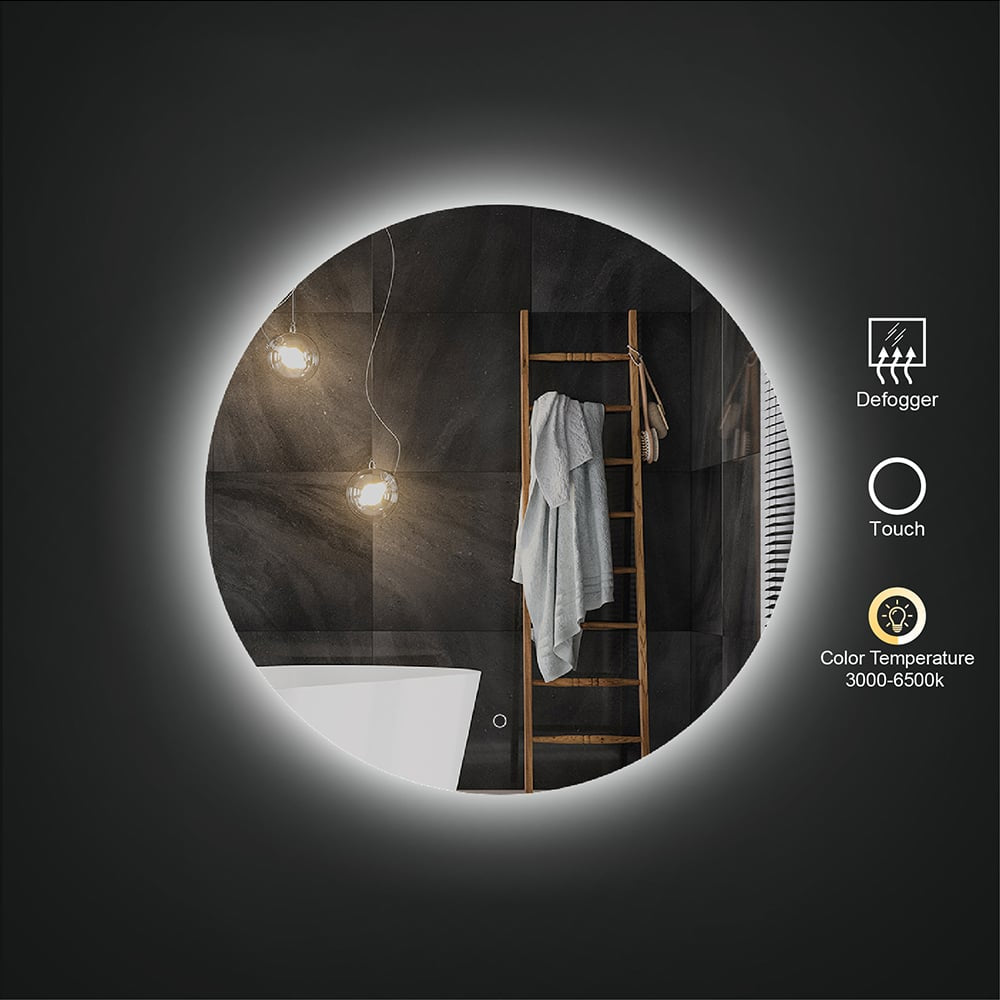 24" Frameless Round LED Bathroom Vanity Mirror Acrylic Anti-Fog Wall Mirror