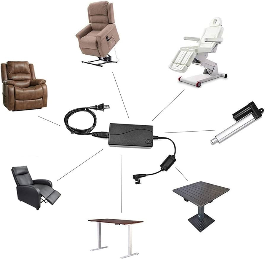 Universal Lift Chair or Power Recliner AC/DC Switching Power Supply Transformer Compatible with All Recliners 29V 2A Adapter (US Plug & Motor Cable Included), Black