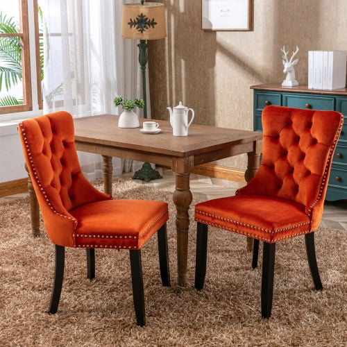 Velvet Fabric Dining Chairs Luxury Tufted Back with Nailed Trim and Back Ring Pull Home Kitchen Dining Room Chairs Armless Accent Side Chairs Solid Rubber Wood Legs.Orange