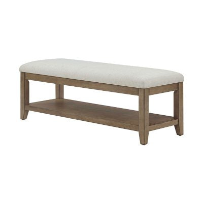 Westport Beige Fabric Upholstery and Wood Bench with Lower Storage Shelf