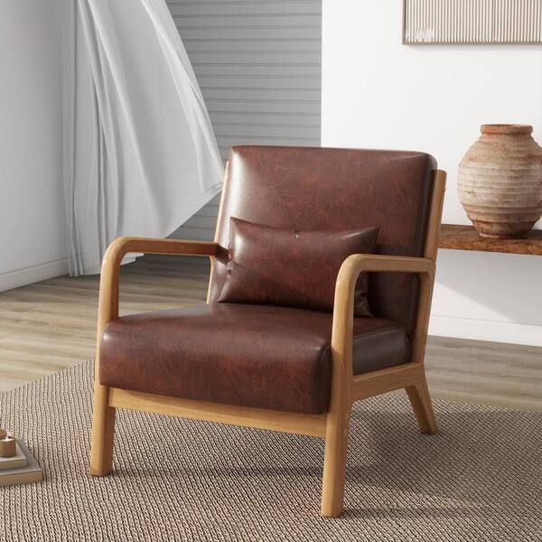 Modern Coffee Faux Leather Wood Frame Upholstered Accent Arm Chair (Set of 1)