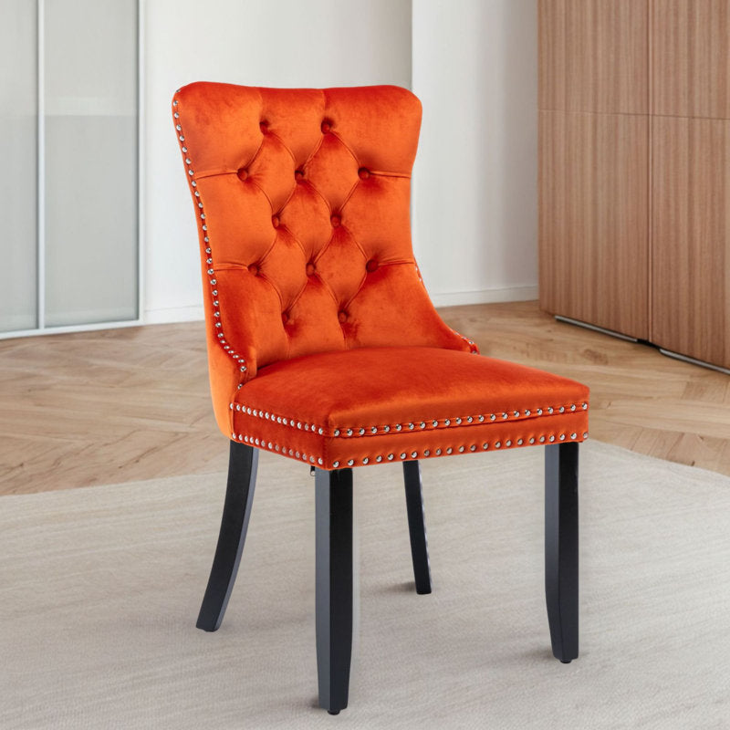 Velvet Fabric Dining Chairs Luxury Tufted Back with Nailed Trim and Back Ring Pull Home Kitchen Dining Room Chairs Armless Accent Side Chairs Solid Rubber Wood Legs.Orange