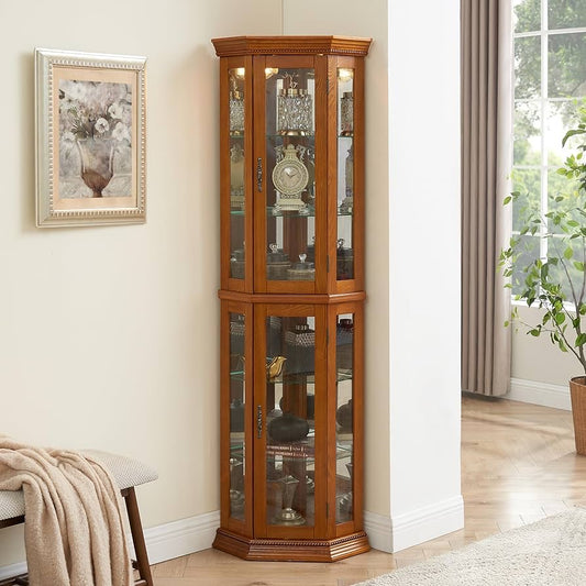 Lighted Curio Cabinet Wooden Corner Display Cabinet with Adjustable Tempered Glass Shelves Vintage Accent Storage Cabinet with Mirrored Back & Tempered Glass Doors, Oak