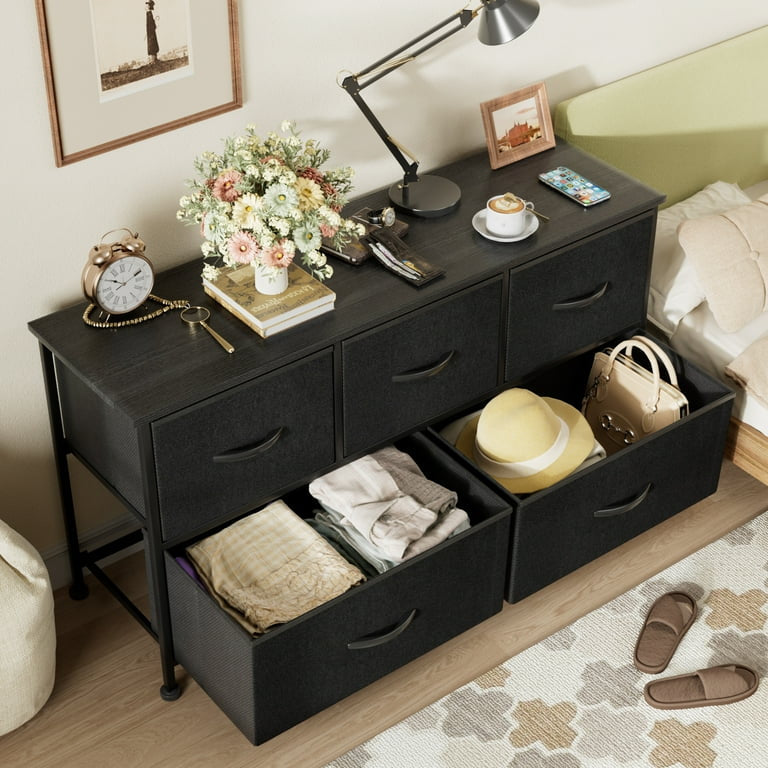 Dresser for Bedroom with 5 Drawers, Wide Chest of Drawers, Fabric Dresser, Storage Organizer Unit with Fabric Bins for Closet, Living Room, Hallway