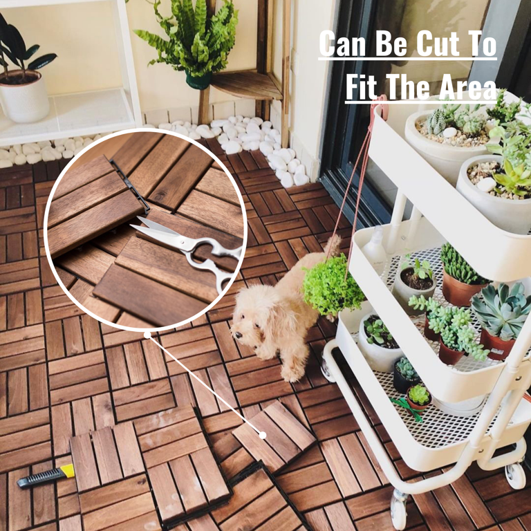 Solid Wood Patio Deck Tiles, Pack of 10, 12"x12" Square Interlocking Flooring Tiles, Acacia Wood Composite Decking Floor Tiles Indoor Outdoor, Floor Tile for Garden Poolside Backyards