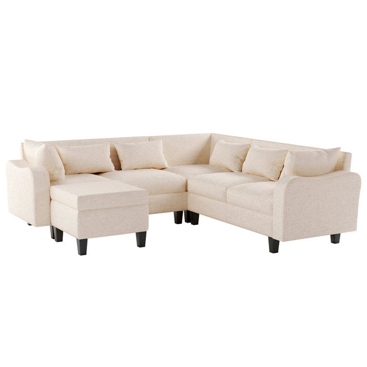 87" Modern Linen L Shape Sectional Sofa with Coffee Table,Sectional Couch with Storage Ottoman