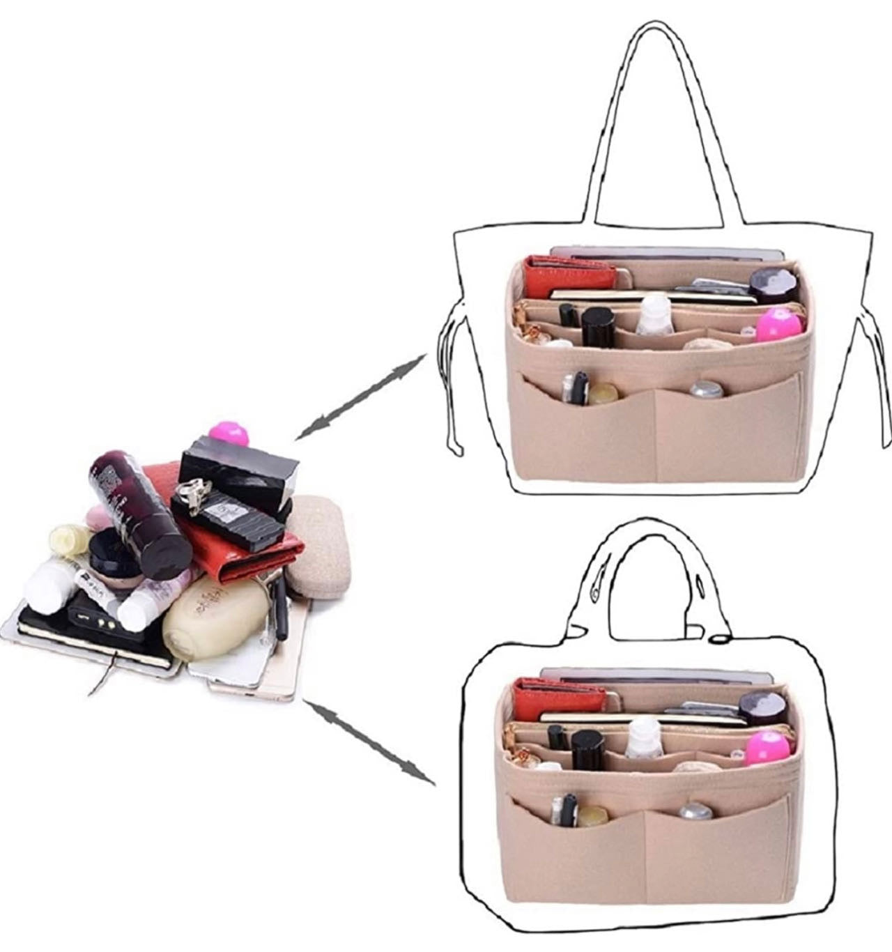Purse Organizer Insert, with zipper, Handbag & Tote Shaper,Beige