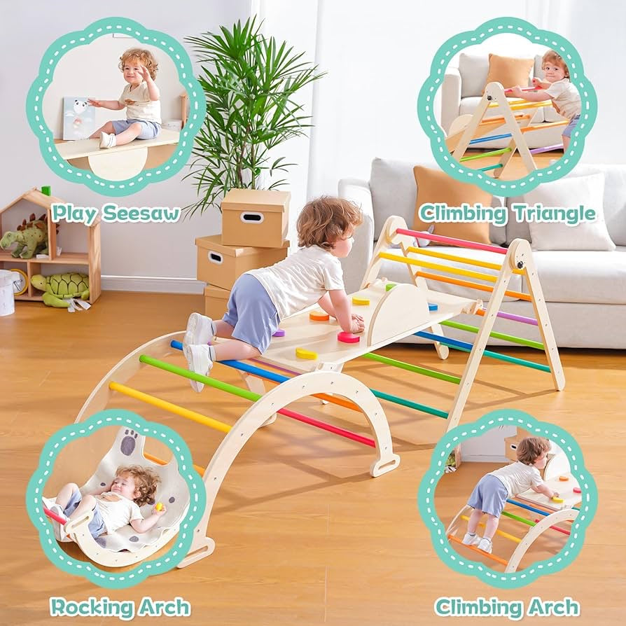 5 in 1 Pikler Triangle Set, Foldable Large Size Baby Climbing Toys Ind5 in 1 Pikler Triangle Set, Foldable Large Size Baby Climbing Toys Indoor Gym for Toddlers Wooden Montessori Climbing Set, Adjustable Height Pikler Triangle, Kids Toys with Ramp Sliding
