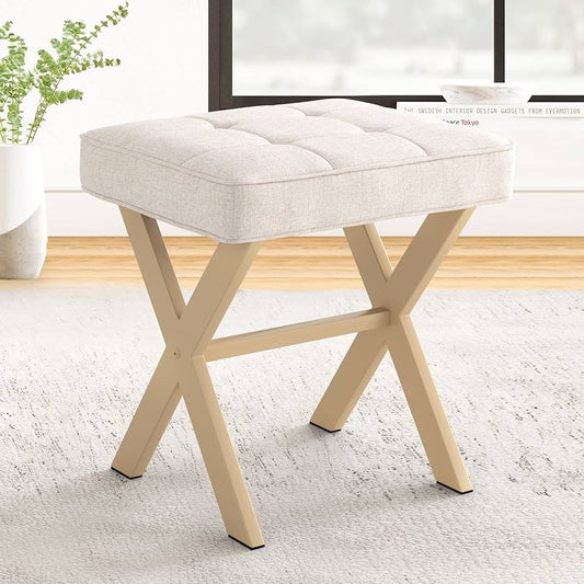 Vanity Stool, Square Linen Makeup Stool with Metal X Legs, Small Ottoman Stool Chair for Vanity, Modern Padded Vanity Seat Foot Rest Stool for Makeup Room, Living Room, Bathroom