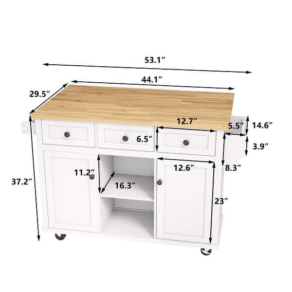 White Rubber wood Drop-Leaf Counter top 53 in. Kitchen Island on 5-Wheels with Storage Cabinet and 3 Drawers
