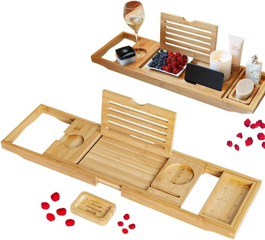 Bamboo Bathtub Caddy Tray, Expandable Bathtub Caddy Tray for Luxury Bath, Includes Cotton Towel, Soap Dish, Wine Glass Slot and Tablet Holder, Best Gift (Bamboo)