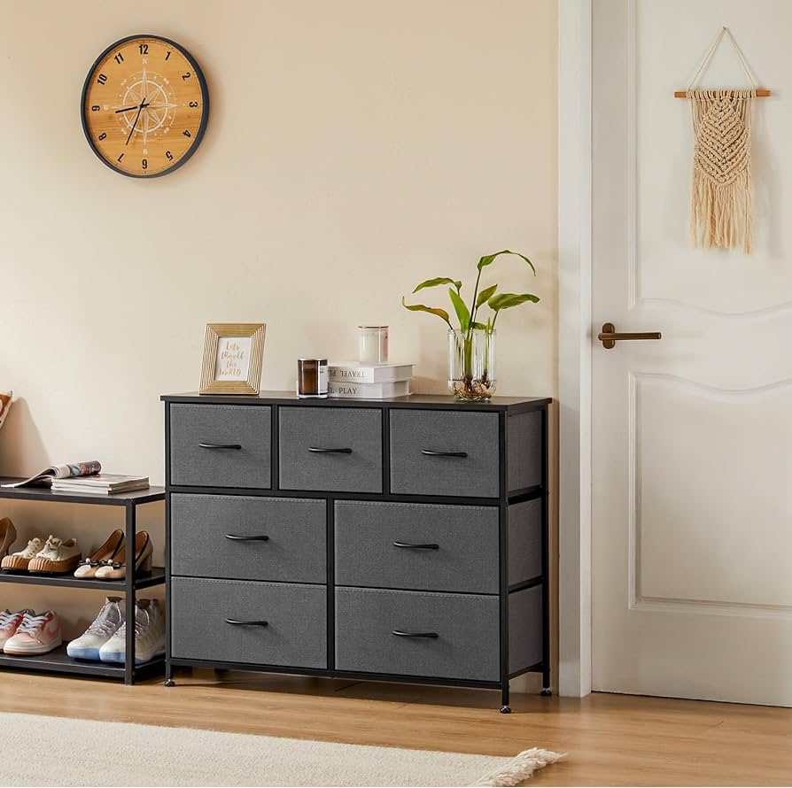 Dresser for Bedroom with 7 Drawers, Storage Organizer Units Furniture, Chest Tower TV Stand with Fabric Bins, Metal Frame, Wooden Top for Nursery, Living Room, Kidsroom, Closet