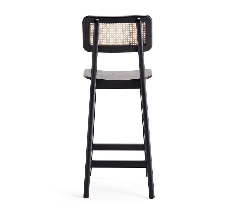 Manhattan Comfort Versailles Black & Natural Cane Counter Stool.Designer Modern Wood Bar Stool with Natural Cane Back 30”Height