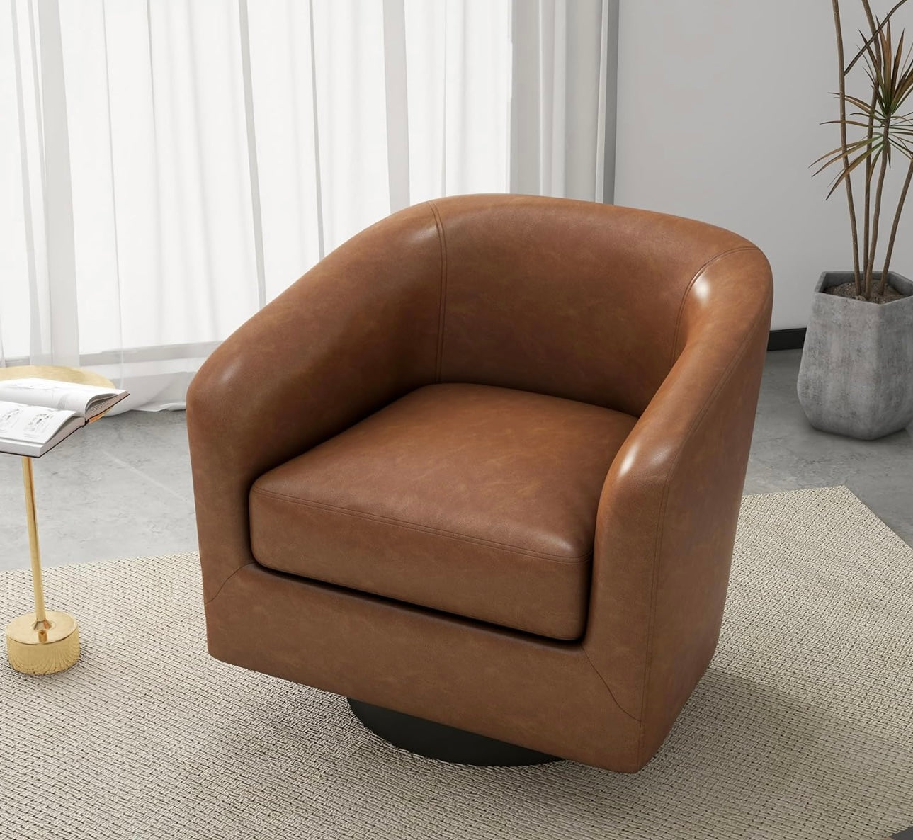 360° Swivel Barrel Accent Chair Armchair, PU Leather Round Club Arm Chair for Lving Room, Modern Upholstered Small Bedroom Single Sofa Seat - Brown