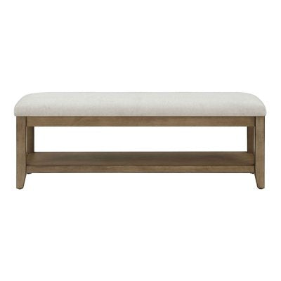 Westport Beige Fabric Upholstery and Wood Bench with Lower Storage Shelf