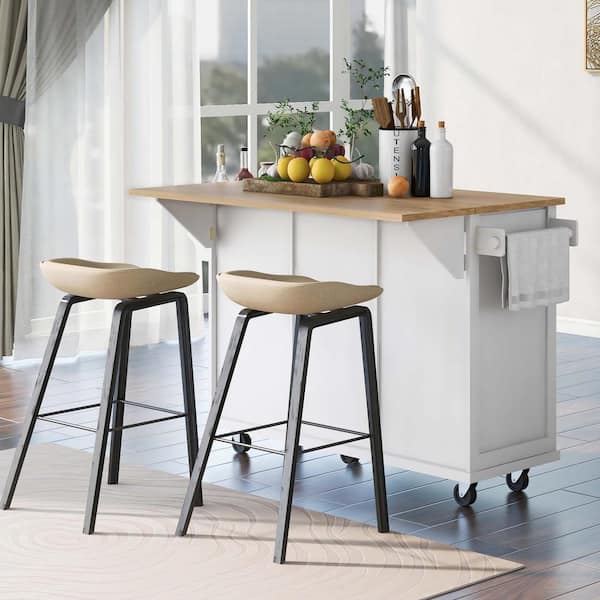 White Rubber wood Drop-Leaf Counter top 53 in. Kitchen Island on 5-Wheels with Storage Cabinet and 3 Drawers