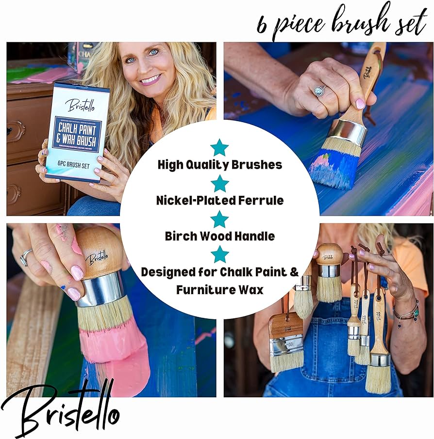 Bristello 6pc Big and Small Chalk and Wax Paint Brush Set. Flat Furniture Paint Brush, Round, Pointed and Oval Paint Brushes for Furniture. Stencil Brush, Milk Paint and Wax Paintbrush