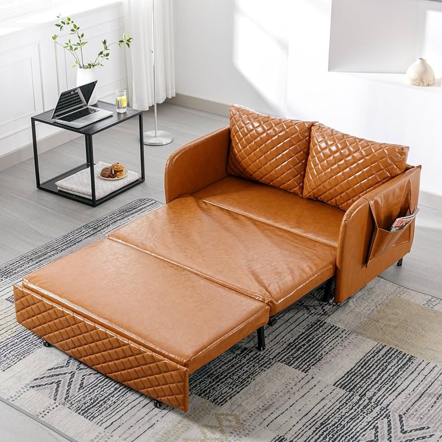 Convertible Sofa Couch Bed,Modern Loveseat with Pull Out Bed for Living Room ,2 Pillows & Side Pockets