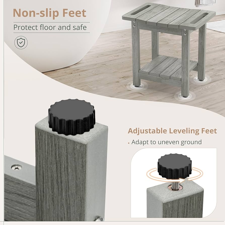 HDPS Shower Benches for Inside Shower, Gray Shower Stool for Shaving Legs with Shelf, Waterproof Shower Chair Seat for Spa Bathroom, Weather Resistant/Non-Slip/Handles/Indoor or Outdoor Use