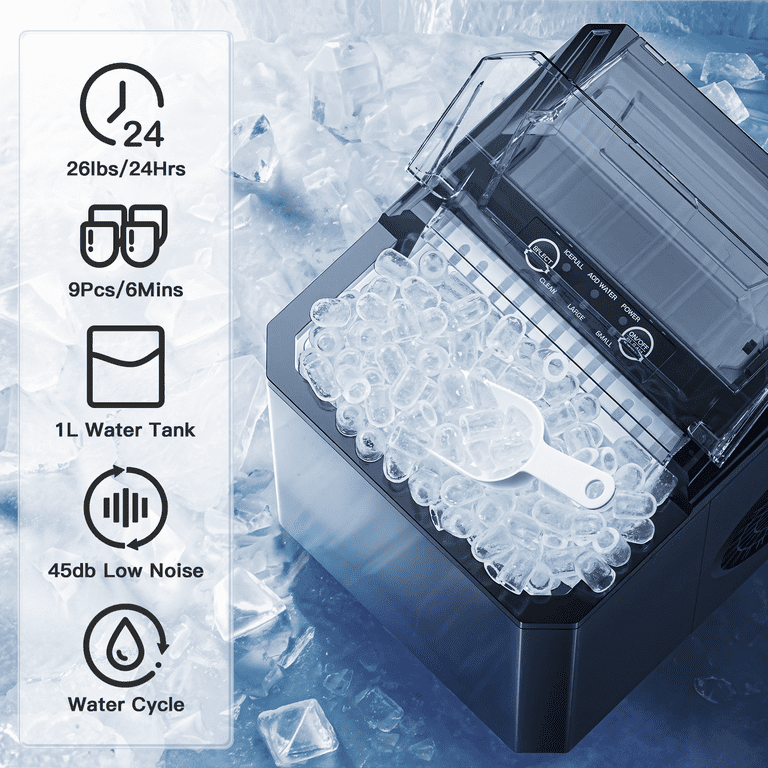 Countertop Ice Maker 26 lbs/24h 9 Cubes/6 Mins with Self-Cleaning Bullet Ice Maker for Home Office Bar Party
