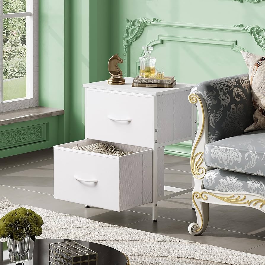 Nightstand, 2 Drawer Dresser for Bedroom, Small Dresser with 2 Drawers, Bedside Furniture, Night Stand, End Table with Fabric Bins for Bedroom, Closet, Entryway, College Dorm