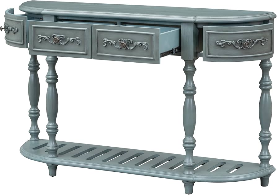Antique Blue Classic Style Curved Console Table with 4 Drawers and 1 Shelf Semi-Circle MDF Wood Painted