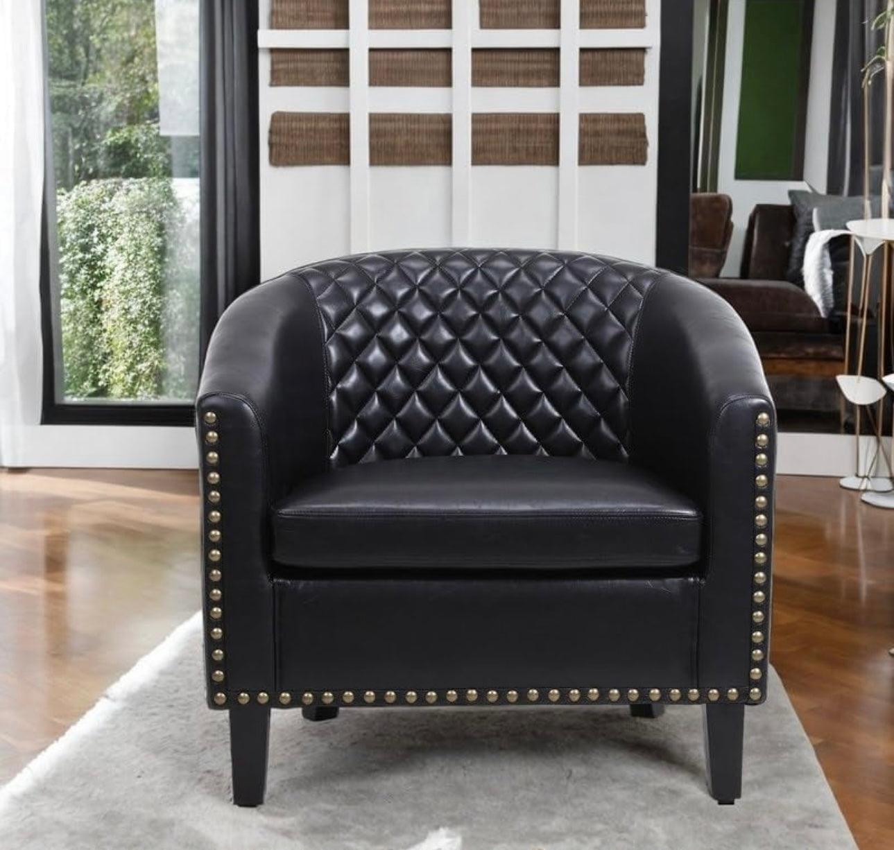 Modern Barrel Accent Chair Round Arm Pu Leather with Nailheads and Solid Wood Legs for Living Room Black Contemporary Finish Includes Hardware