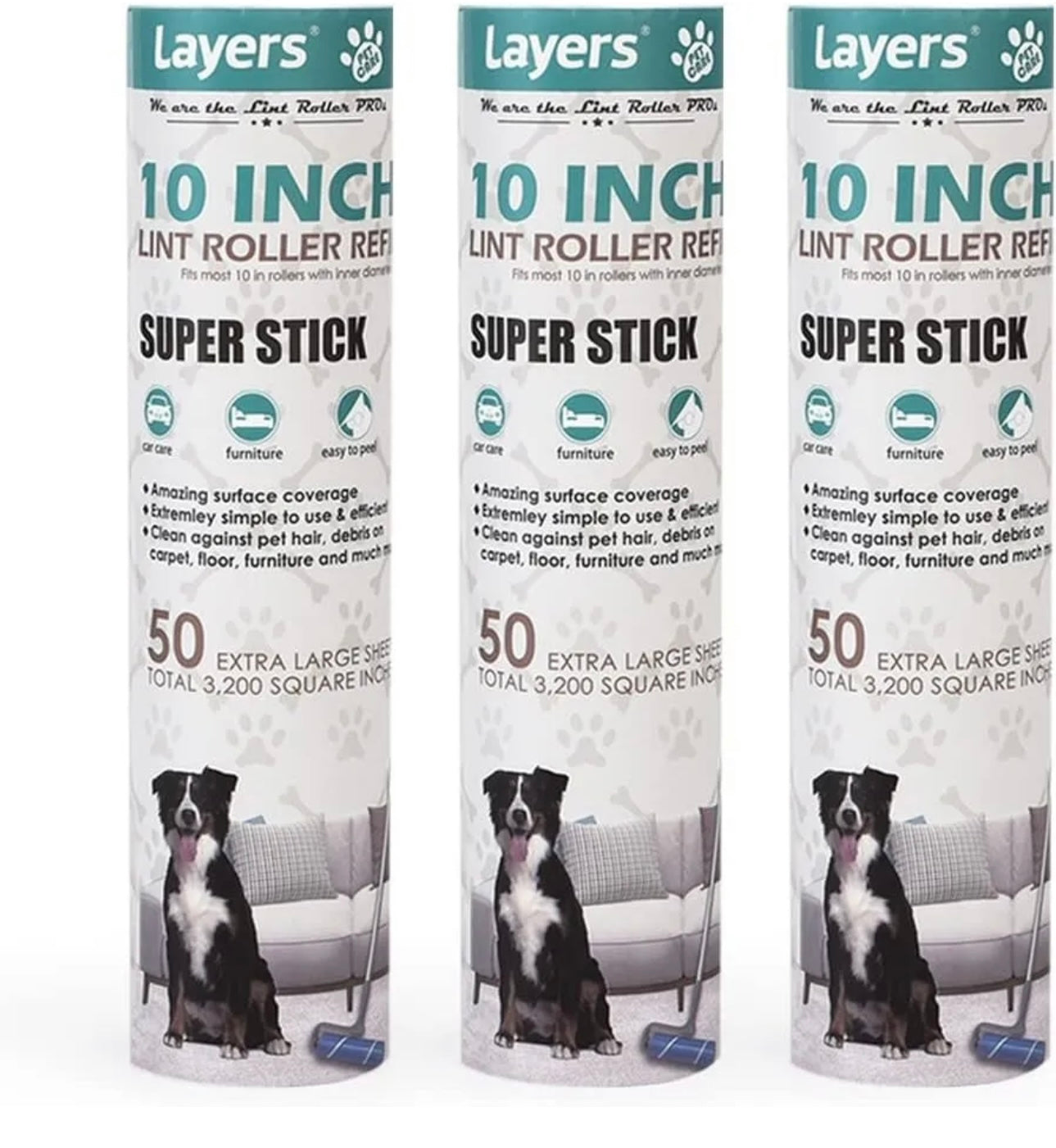 Universal Fit Lint Roller Refill - 10-inch Wide Coverage, Sticky - 3 Packs
