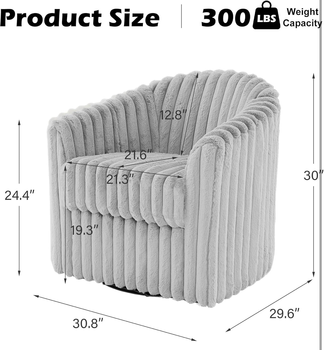 Swivel Barrel Accent Chair, Round Faux Fur Fabric Armchair for Living Room, Bedroom, Comfy Modern Mid Century Reading Chair for Adults (Grey, Set of 1)