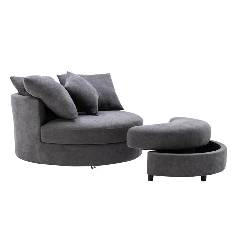 360° Swivel Accent Barrel Chair with Half Moon Shape Storage Ottoman & 4 Pillows,Modern Linen Leisure Chair with Soft Cushions,Round Club Lounge Chair for Living Room Bedroom Hotel,Dark Gray