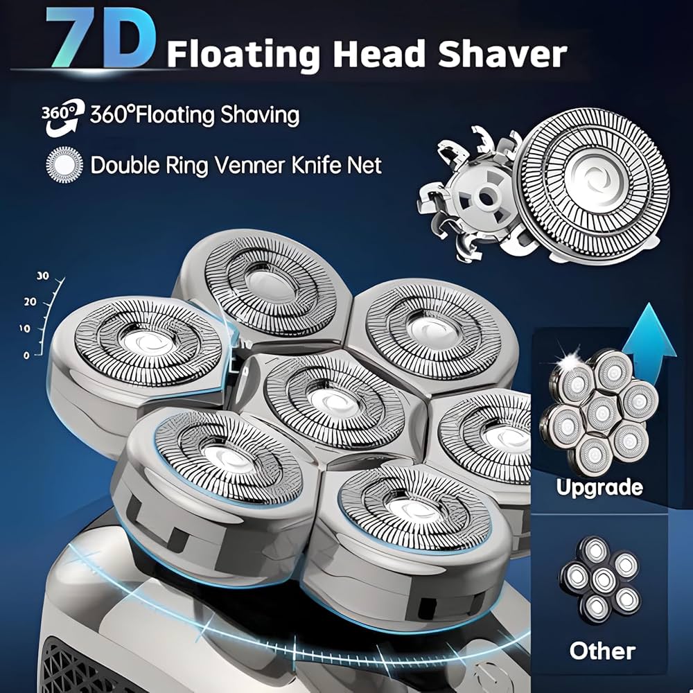 Bald Head Shaver PGI-Tech Pro Upgraded 7D Head Shavers for Bald Men LED Display IPX7 Waterproof Wet/Dry Skull Shaver, Clippers, Nose Trimmer, Face Brush, Massager, Full Head Shaver Travel Kit
