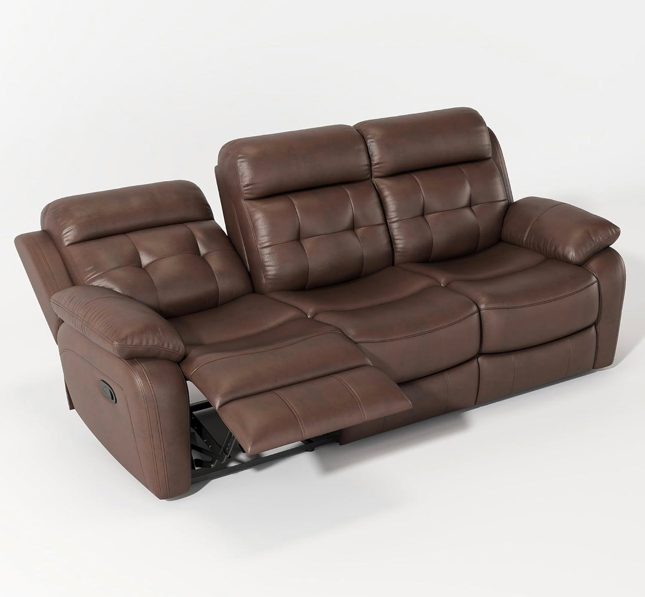 Genuine Leather Manual Reclining Sofa, 3-Seater Couch with Drop Down Table, Cup Holders & Magazine Bag, 3-Seat Dual Recliner Chair for Living Room Home Theater Office, Brown