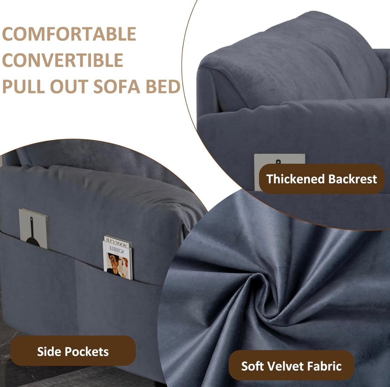 63" Queen Pull Out Sofa Couch Bed, 3 in 1 Convertible Sleeper Sofa with Side Storage, Velvet Loveseat Recliner for Living Room, Apartment, Small Space, Grey