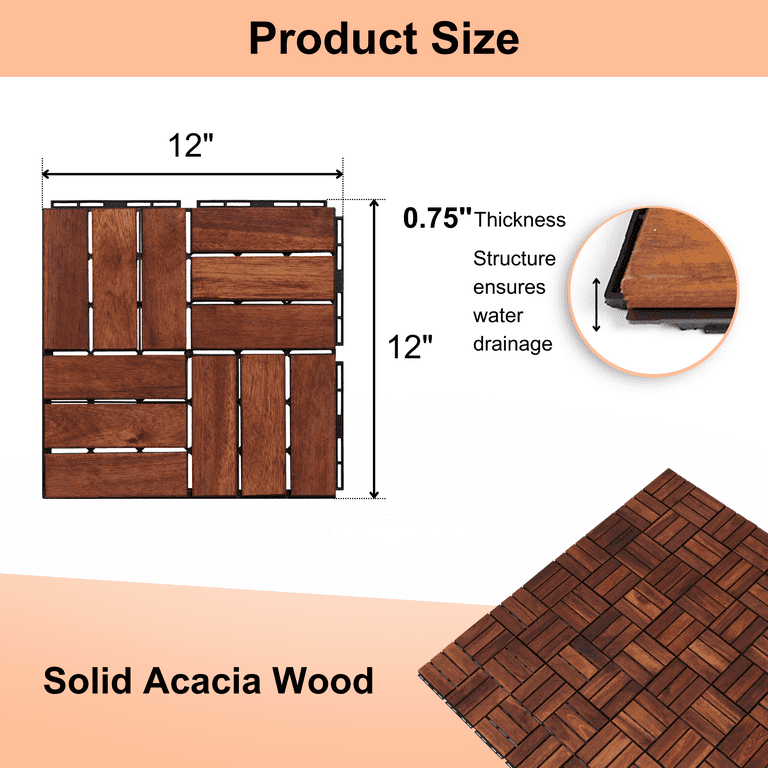 Solid Wood Patio Deck Tiles, Pack of 10, 12"x12" Square Interlocking Flooring Tiles, Acacia Wood Composite Decking Floor Tiles Indoor Outdoor, Floor Tile for Garden Poolside Backyards