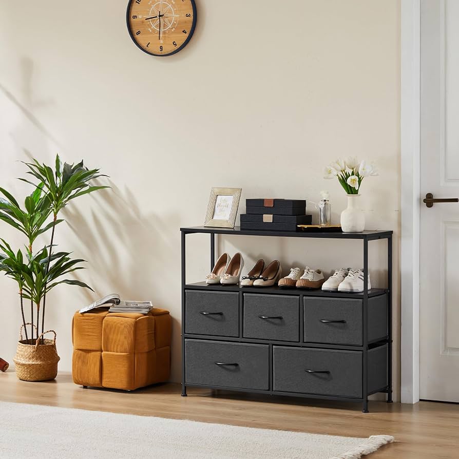TV Stand for Bedroom, TV Dresser for 45 inches, Media Console Table, ETV Stand for Bedroom, TV Dresser for 45 inches, Media Console Table, Entertainment Center with 5 Fabric Drawers Cabinet and Open Storage Shelf Furniture Cabinet for Living Room, Hallway