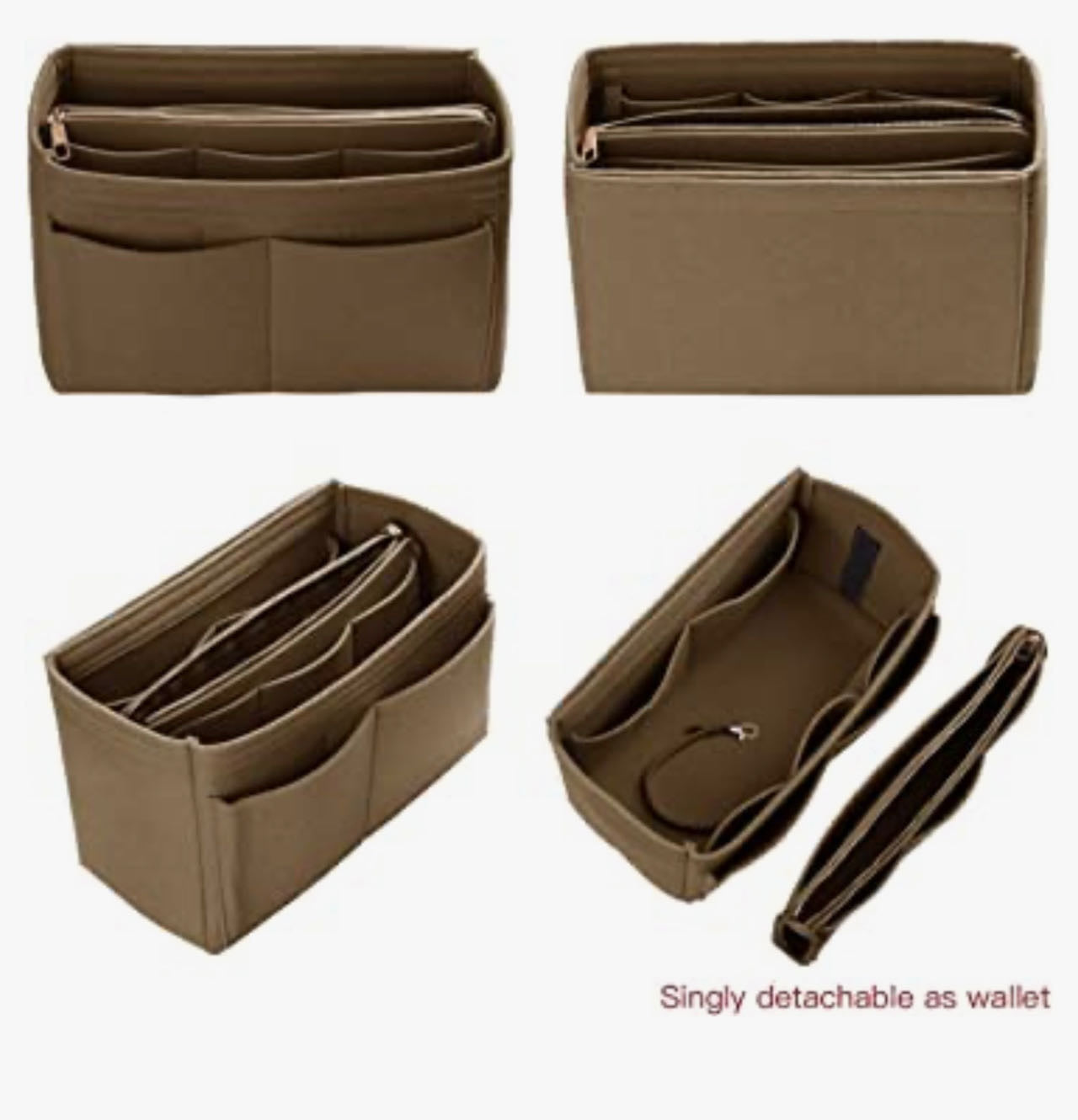Purse Organizer Insert, with zipper, Handbag & Tote Shaper,Brown