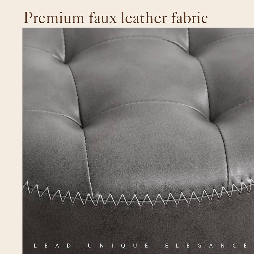 Faux Leather Vanity Stool Chair for Makeup Room, Grey Stool for Vanity, 19” Height, Tufted Small Vanity Chair Stool with Metal Legs, Modern Foot Stool Ottoman for Bedroom, Living Room