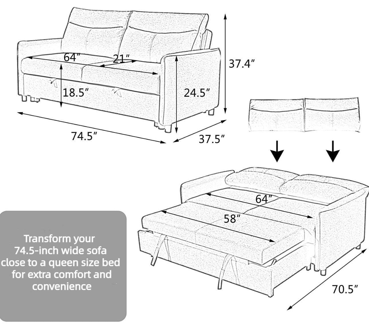 75'' Convertible Sleeper Sofa Bed, King/Queen Size Loveseat Futon Pull Out Couch Sofá, Comfortable Modern Love Seat that Turns into Bed for Living Room Small Space, Apartment, RV Hide-a-Bed Sofabed