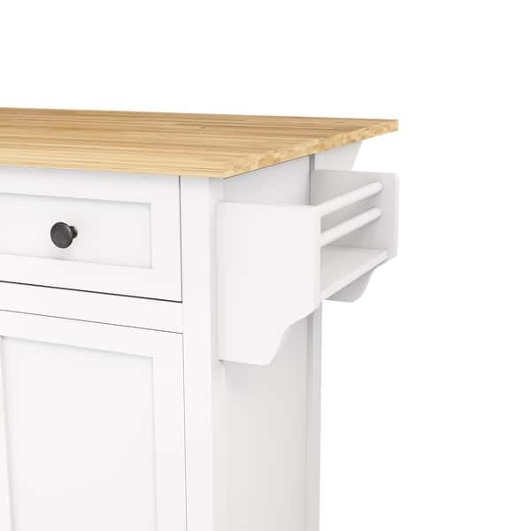 White Rubber wood Drop-Leaf Counter top 53 in. Kitchen Island on 5-Wheels with Storage Cabinet and 3 Drawers