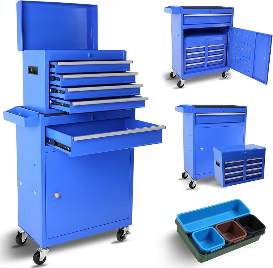 Blue Rolling Tool Chest, 5-Drawer Rolling Tool Storage Cabinet with Detachable Top Tool Box for Garage Workshop, Anti-Slip Liner, 2 Lockable Wheels, Adjustable Shelf, Locking Mechanism