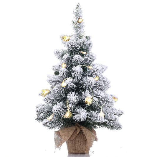 Pre-Lit Artificial Mini Christmas Tree,20 Inch Snow Flocked Artificial Pine Xmas Tree with 40 LED Lights,70 Branch Tips,Desktop Christmas Tree Burlap Base-(50cm)