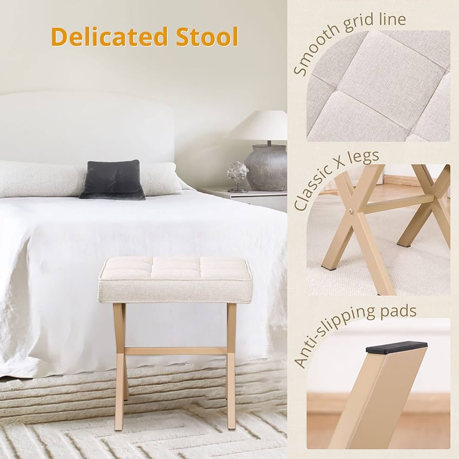Vanity Stool, Square Linen Makeup Stool with Metal X Legs, Small Ottoman Stool Chair for Vanity, Modern Padded Vanity Seat Foot Rest Stool for Makeup Room, Living Room, Bathroom